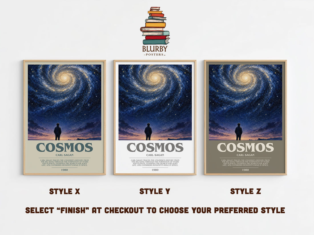 Cosmos bookish print in frame leaning in hallway – non fiction wall art (mockup)