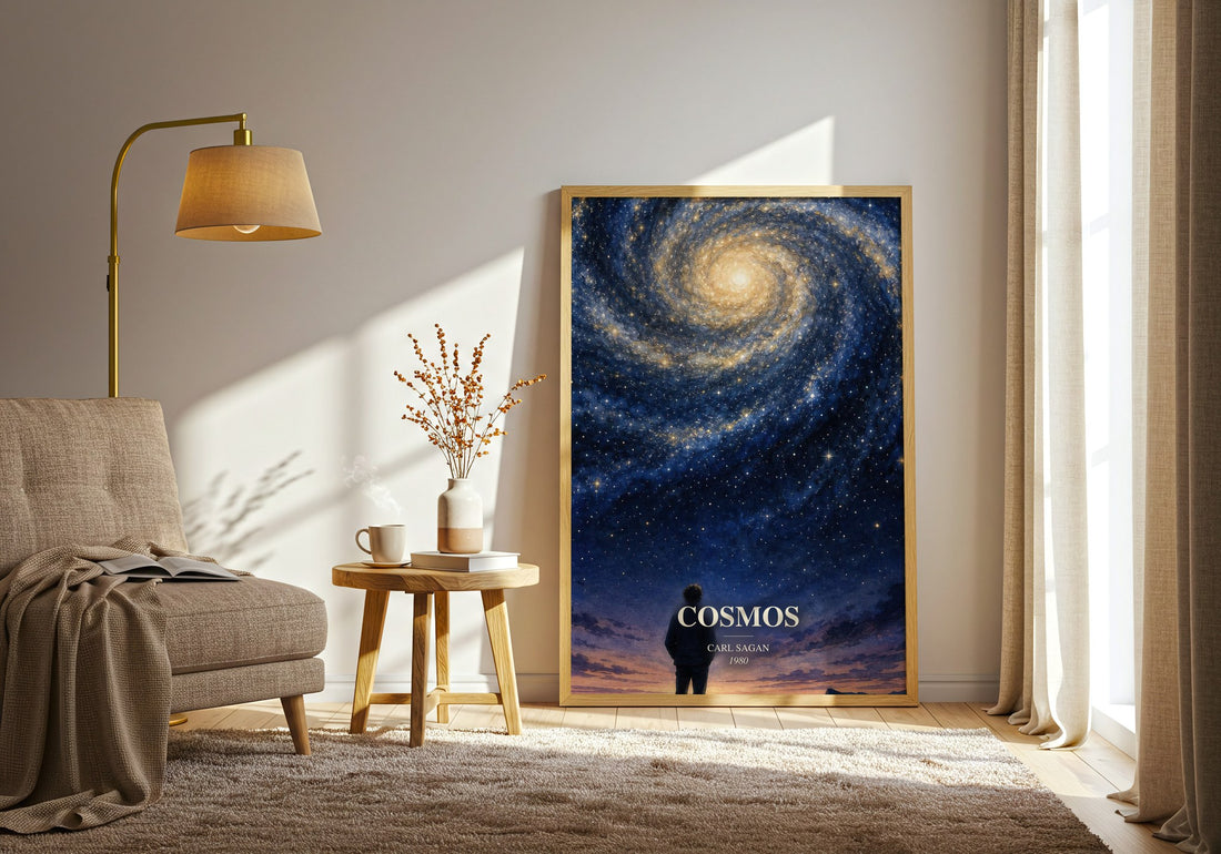 Cosmos watercolour print in frame leaning in hallway – non fiction wall art