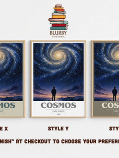 Cosmos book cover print in frame leaning in hallway – non fiction wall art