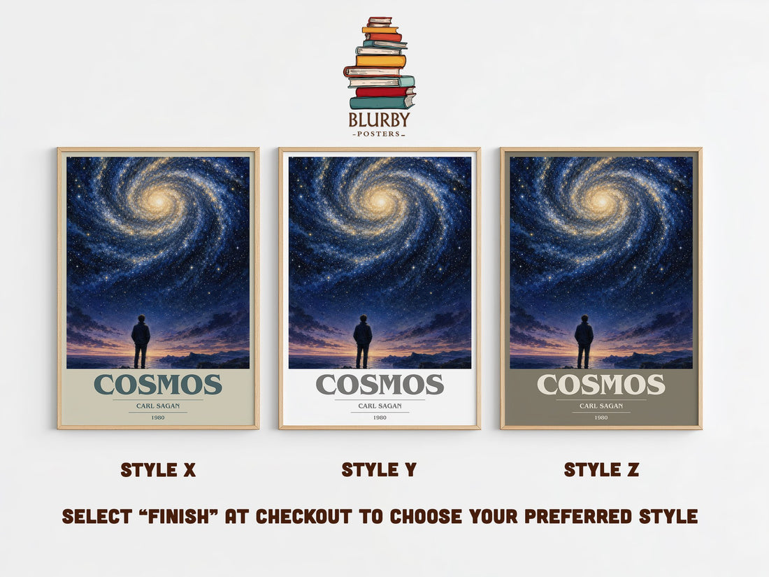 Cosmos book cover print in frame leaning in hallway – non fiction wall art (mockup)