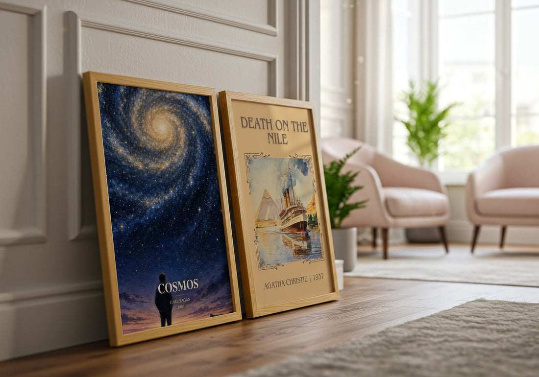 Cosmos watercolour print framed by window – literary home decor