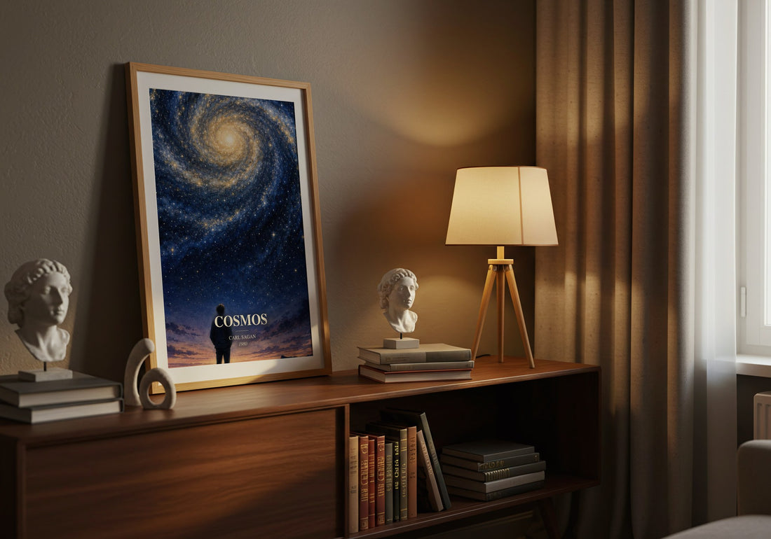 Cosmos watercolour print on bookshelf – Carl Sagan fan gift