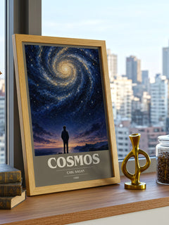 Cosmos book cover print framed by window – literary home decor