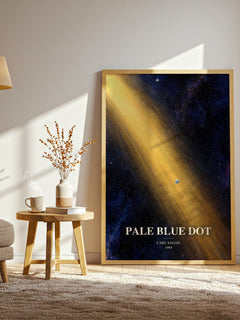 Pale Blue Dot watercolour print in frame leaning in hallway – non fiction wall art