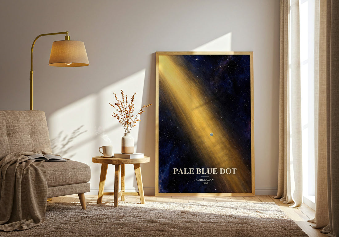 Pale Blue Dot watercolour print in frame leaning in hallway – non fiction wall art