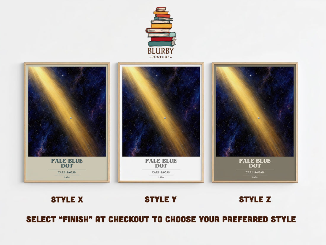Pale Blue Dot book cover print in frame leaning in hallway – non fiction wall art (mockup)