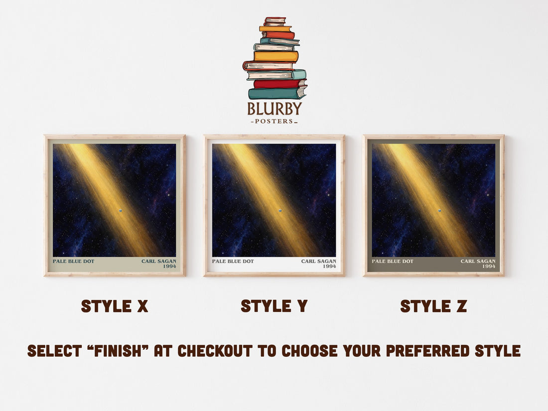 Pale Blue Dot literary print in frame leaning in hallway – non fiction wall art (mockup)