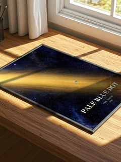 Pale Blue Dot watercolour book poster framed on wall – non fiction wall art