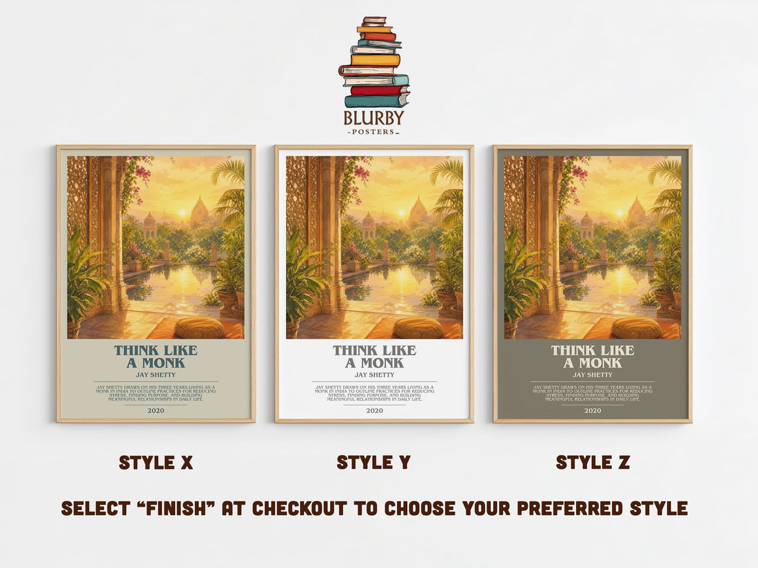 Think Like a Monk bookish print in frame leaning in hallway – non fiction wall art (mockup)