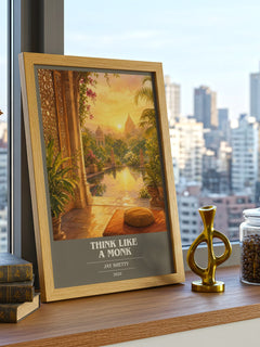 Think Like a Monk book cover print framed by window – literary home decor