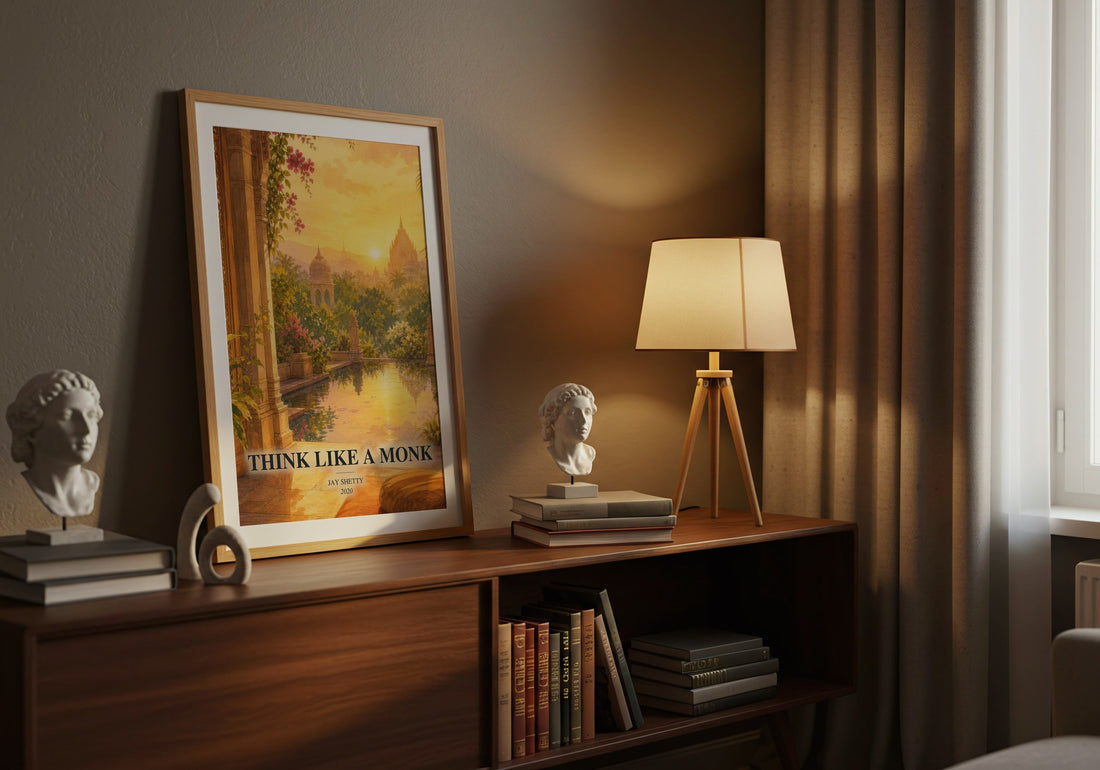 Think Like a Monk watercolour print on bookshelf – Jay Shetty fan gift