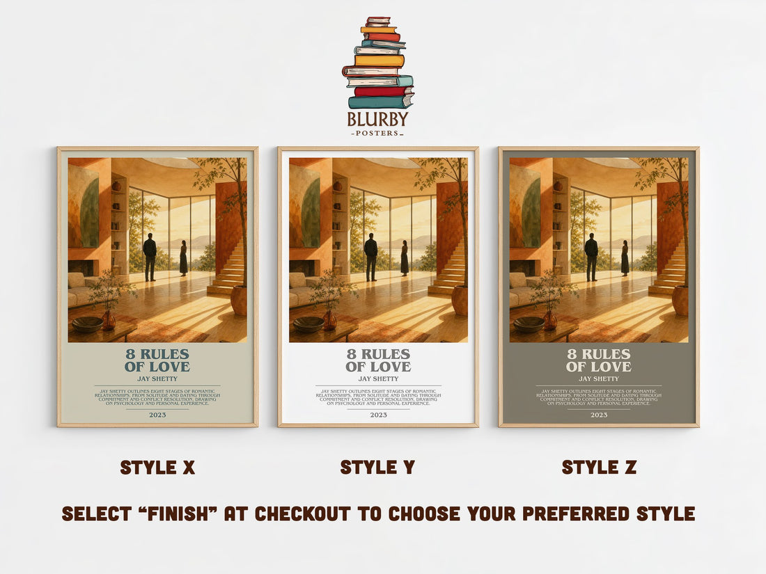 8 Rules of Love bookish print in frame leaning in hallway – non fiction wall art (mockup)