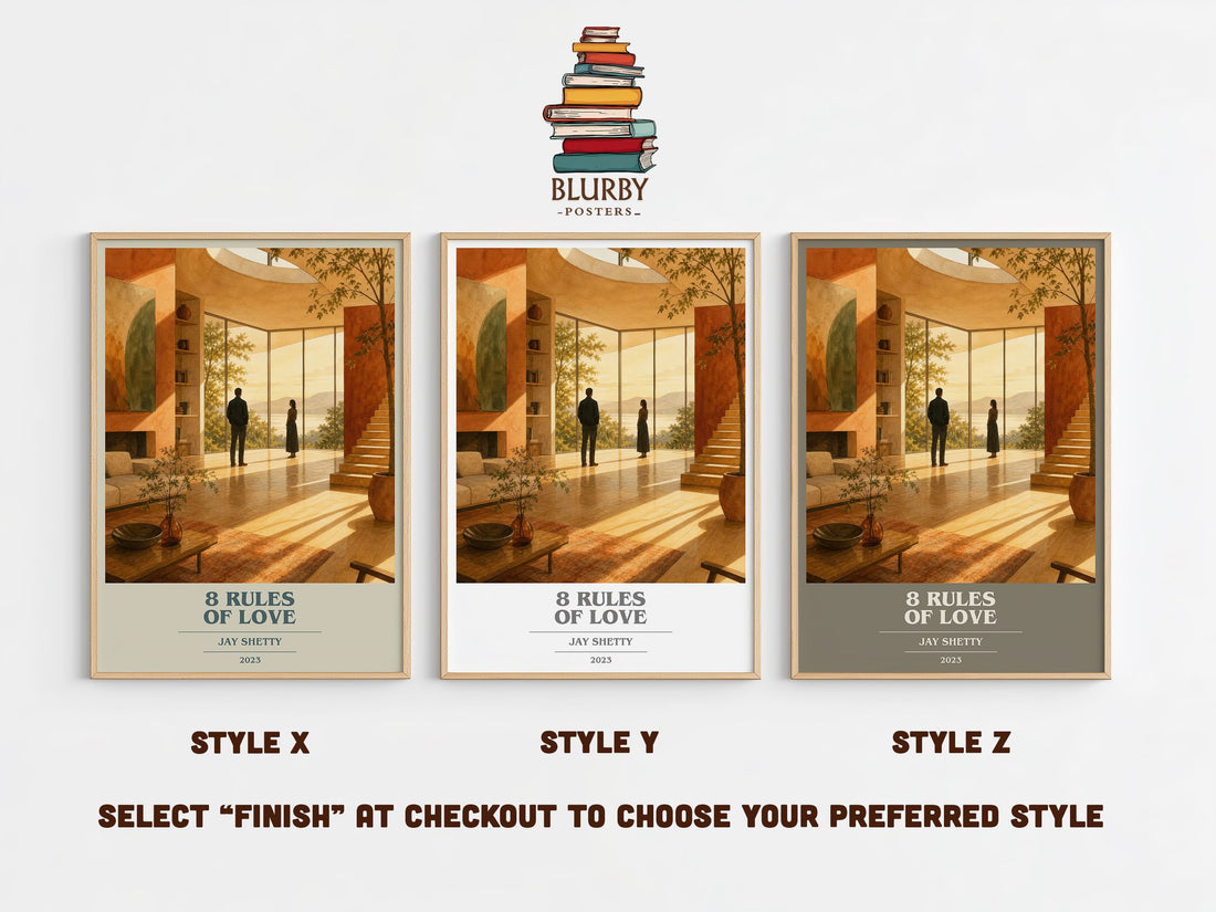 8 Rules of Love book cover print in frame leaning in hallway – non fiction wall art (mockup)
