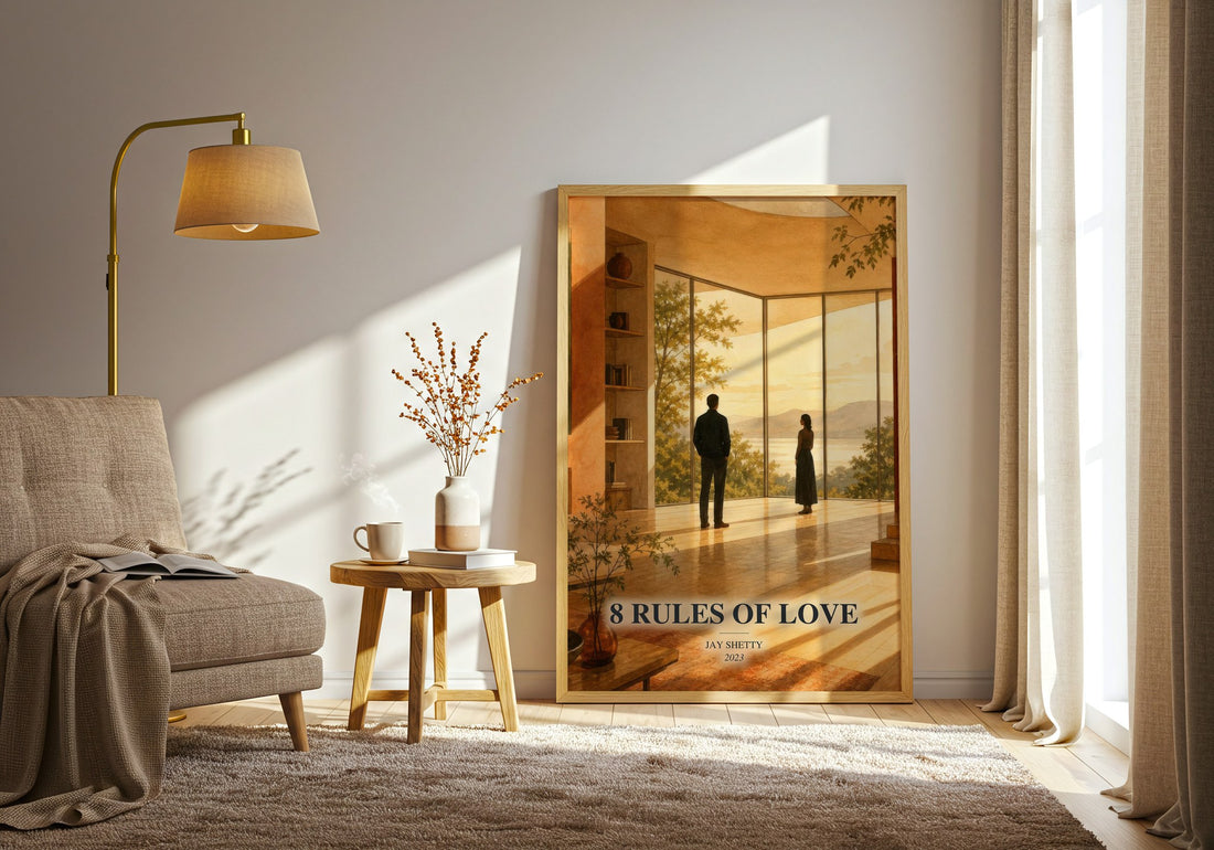 8 Rules of Love watercolour print in frame leaning in hallway – non fiction wall art