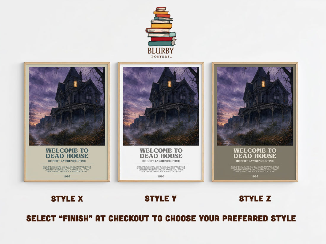Welcome to Dead House bookish print in frame leaning in hallway – childrens wall art (mockup)