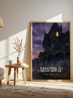 Welcome to Dead House watercolour print in frame leaning in hallway – childrens wall art