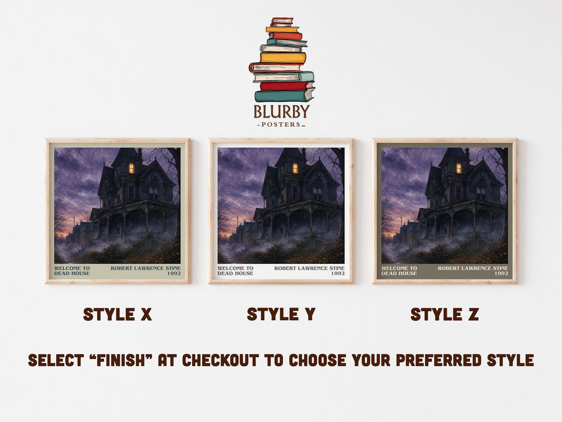 Welcome to Dead House literary print in frame leaning in hallway – childrens wall art (mockup)