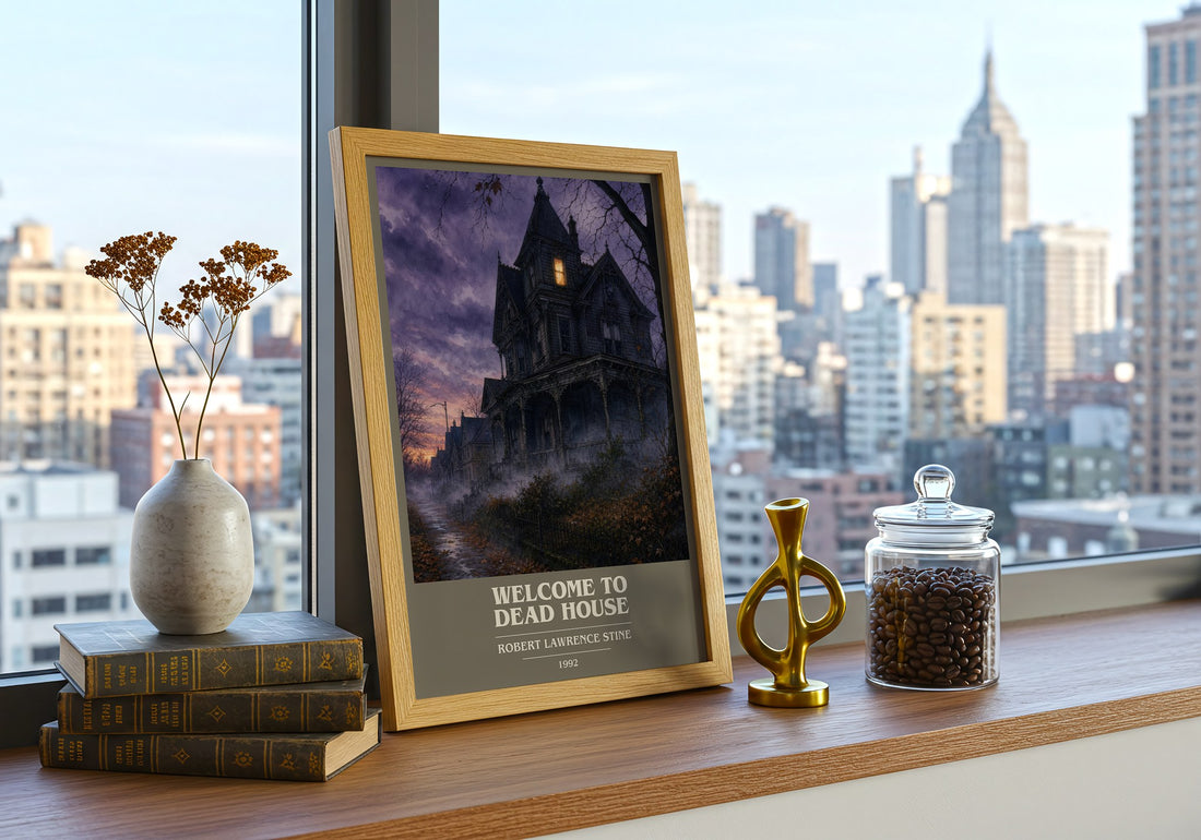 Welcome to Dead House book cover print framed by window – literary home decor