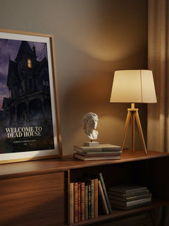Welcome to Dead House watercolour print on bookshelf – Robert Lawrence Stine fan gift
