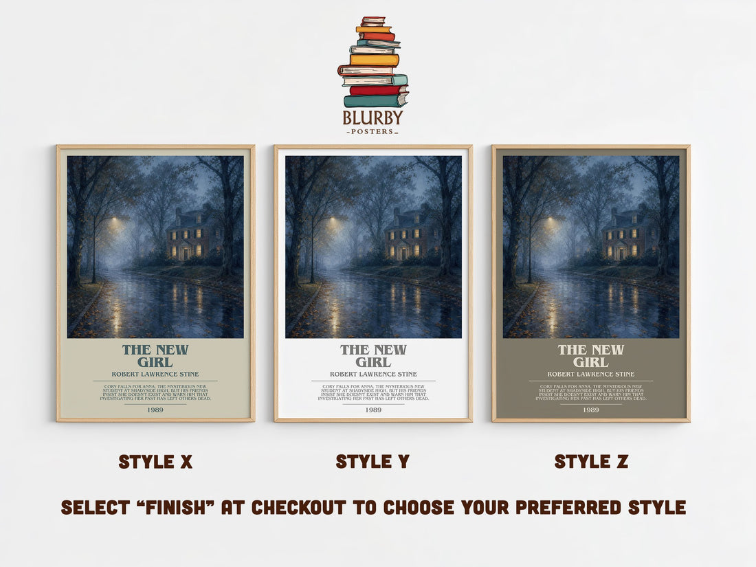 The New Girl bookish print in frame leaning in hallway – horror wall art (mockup)