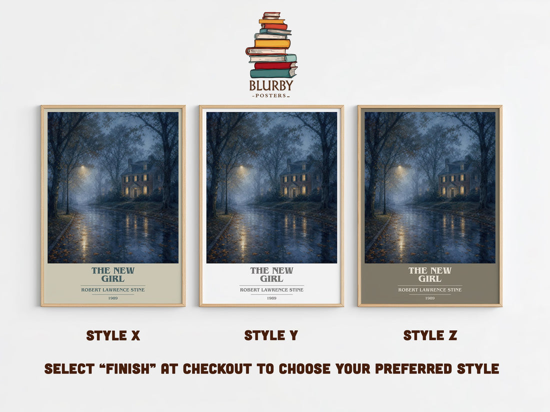 The New Girl book cover print in frame leaning in hallway – horror wall art (mockup)