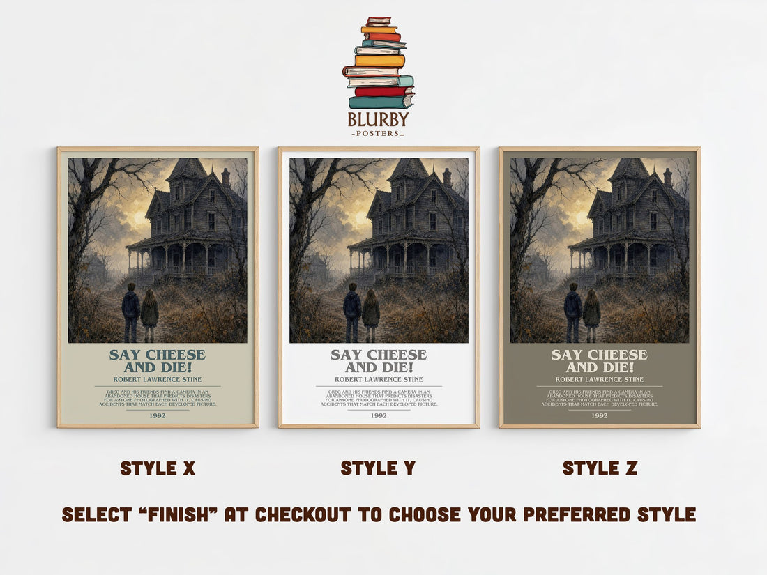 Say Cheese and Die! bookish print in frame leaning in hallway – horror wall art (mockup)