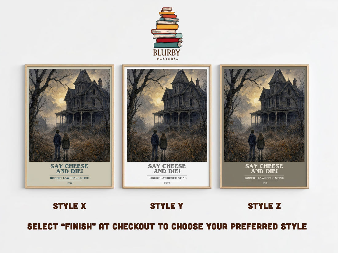 Say Cheese and Die! book cover print in frame leaning in hallway – horror wall art (mockup)