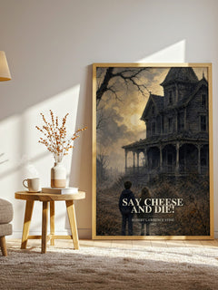 Say Cheese and Die! watercolour print in frame leaning in hallway – horror wall art