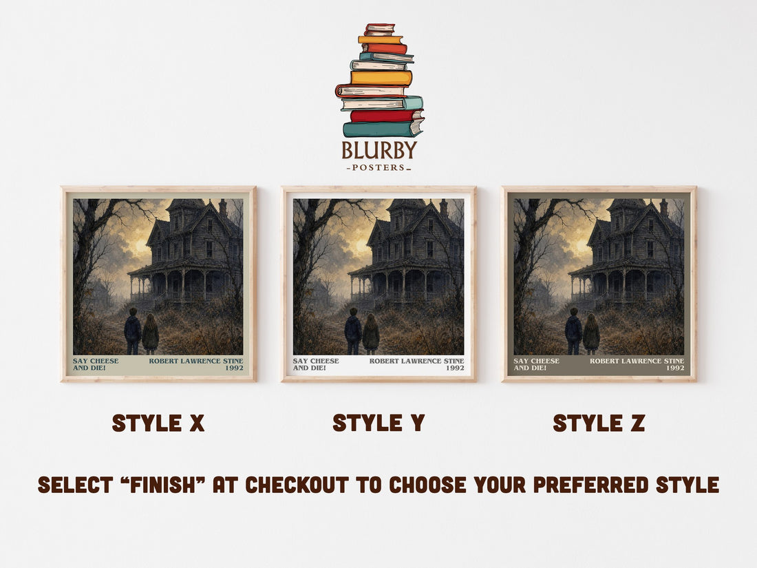 Say Cheese and Die! literary print in frame leaning in hallway – horror wall art (mockup)