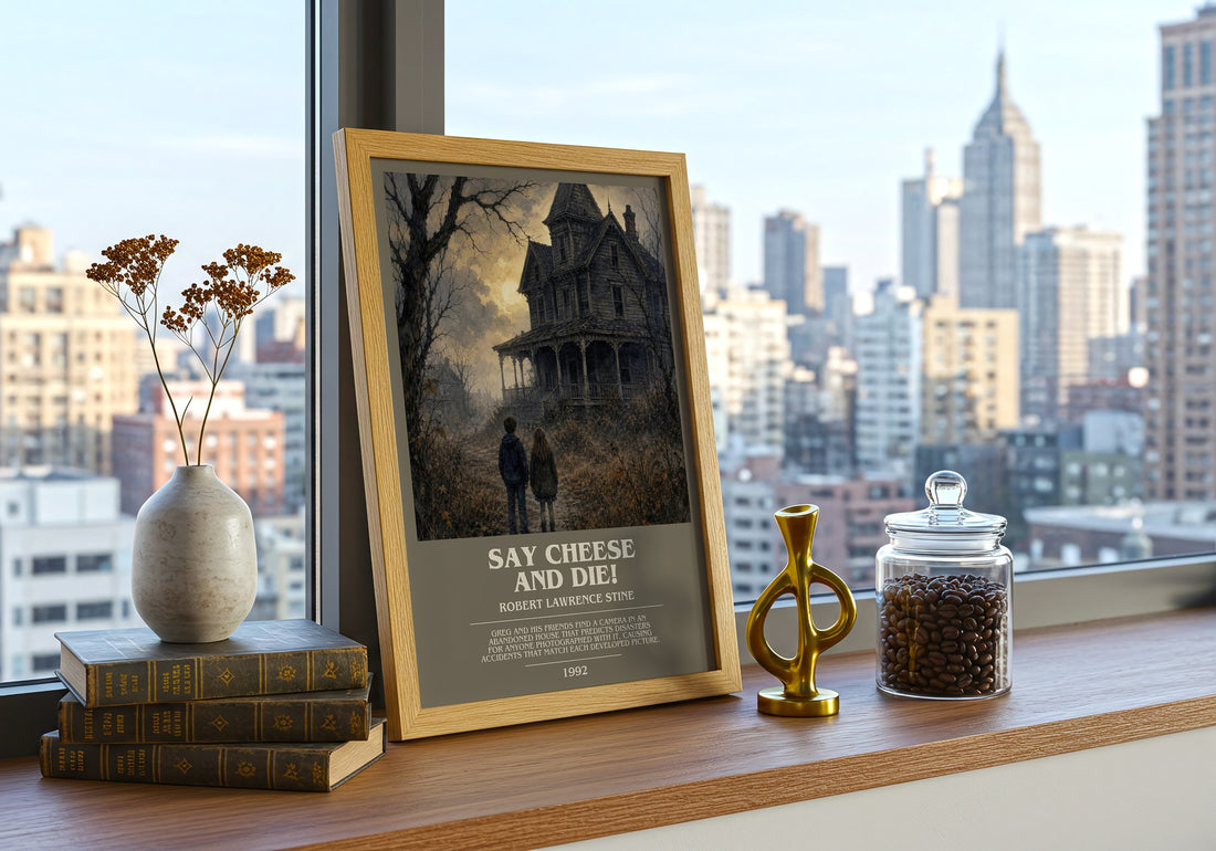 Say Cheese and Die! bookish print framed by window – literary home decor