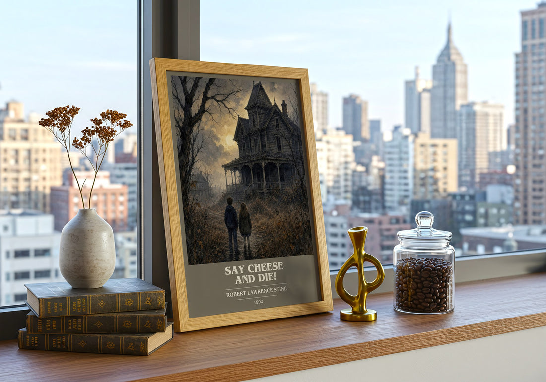 Say Cheese and Die! book cover print framed by window – literary home decor