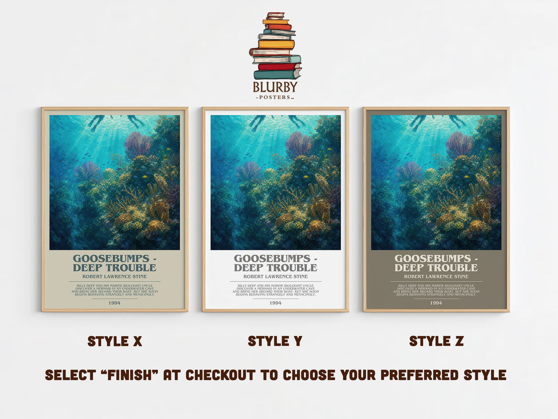 Goosebumps - Deep Trouble bookish print in frame leaning in hallway – childrens wall art (mockup)