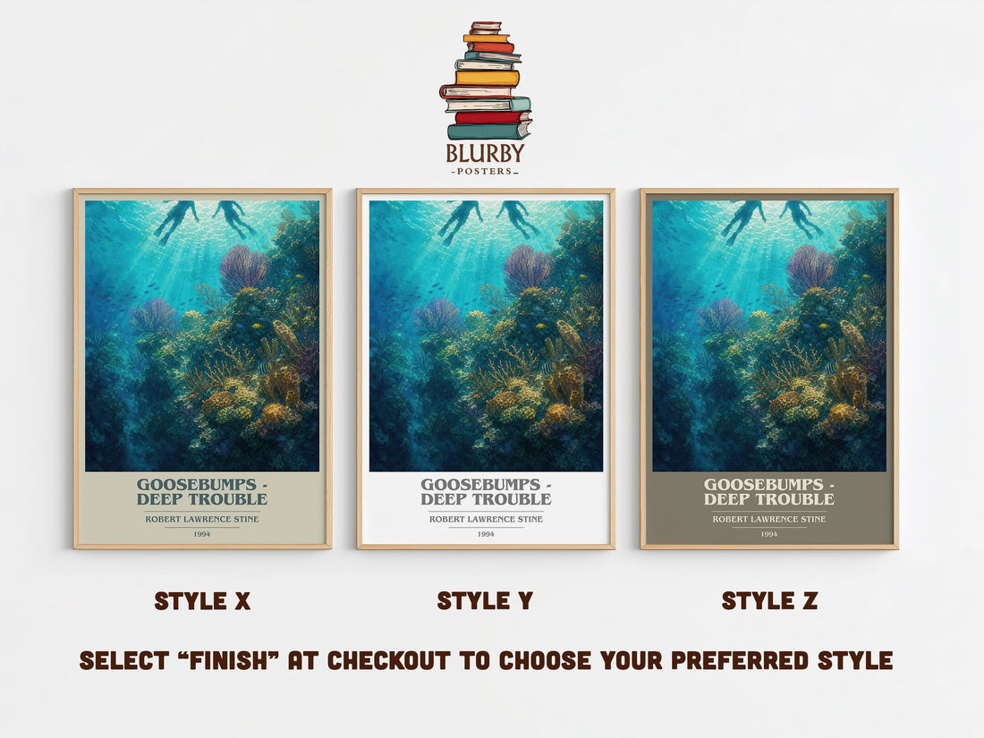 Goosebumps - Deep Trouble book cover print in frame leaning in hallway – childrens wall art (mockup)