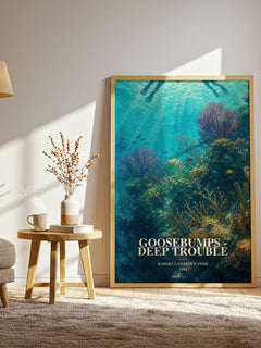 Goosebumps - Deep Trouble watercolour print in frame leaning in hallway – childrens wall art