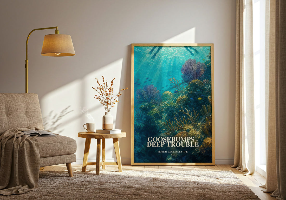 Goosebumps - Deep Trouble watercolour print in frame leaning in hallway – childrens wall art