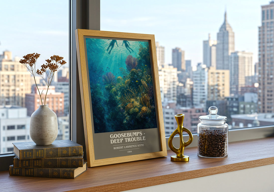 Goosebumps - Deep Trouble book cover print framed by window – literary home decor