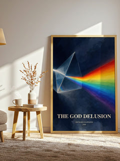 The God Delusion watercolour print in frame leaning in hallway – non fiction wall art