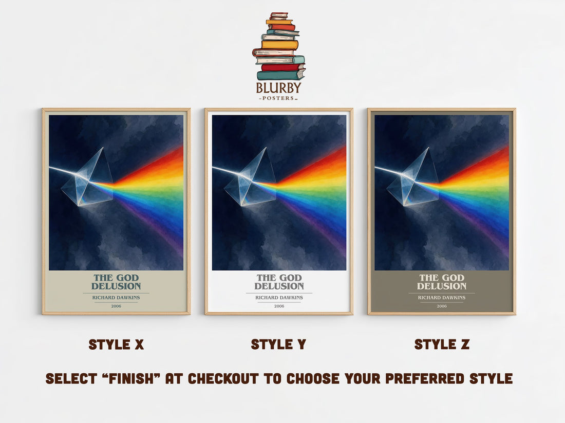 The God Delusion book cover print in frame leaning in hallway – non fiction wall art (mockup)