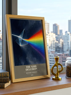 The God Delusion book cover print framed by window – literary home decor