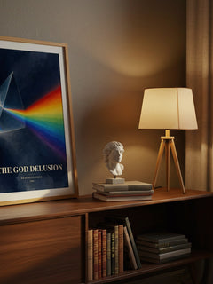 The God Delusion watercolour print on bookshelf – Richard Dawkins fan gift