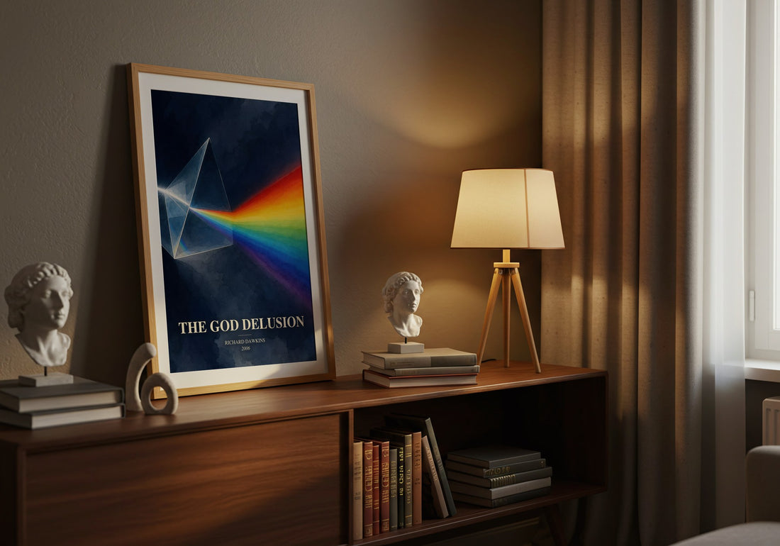 The God Delusion watercolour print on bookshelf – Richard Dawkins fan gift