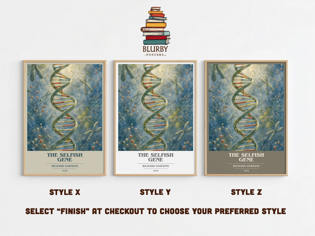 The Selfish Gene book cover print in frame leaning in hallway – non fiction wall art (mockup)
