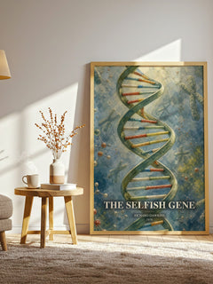 The Selfish Gene watercolour print in frame leaning in hallway – non fiction wall art