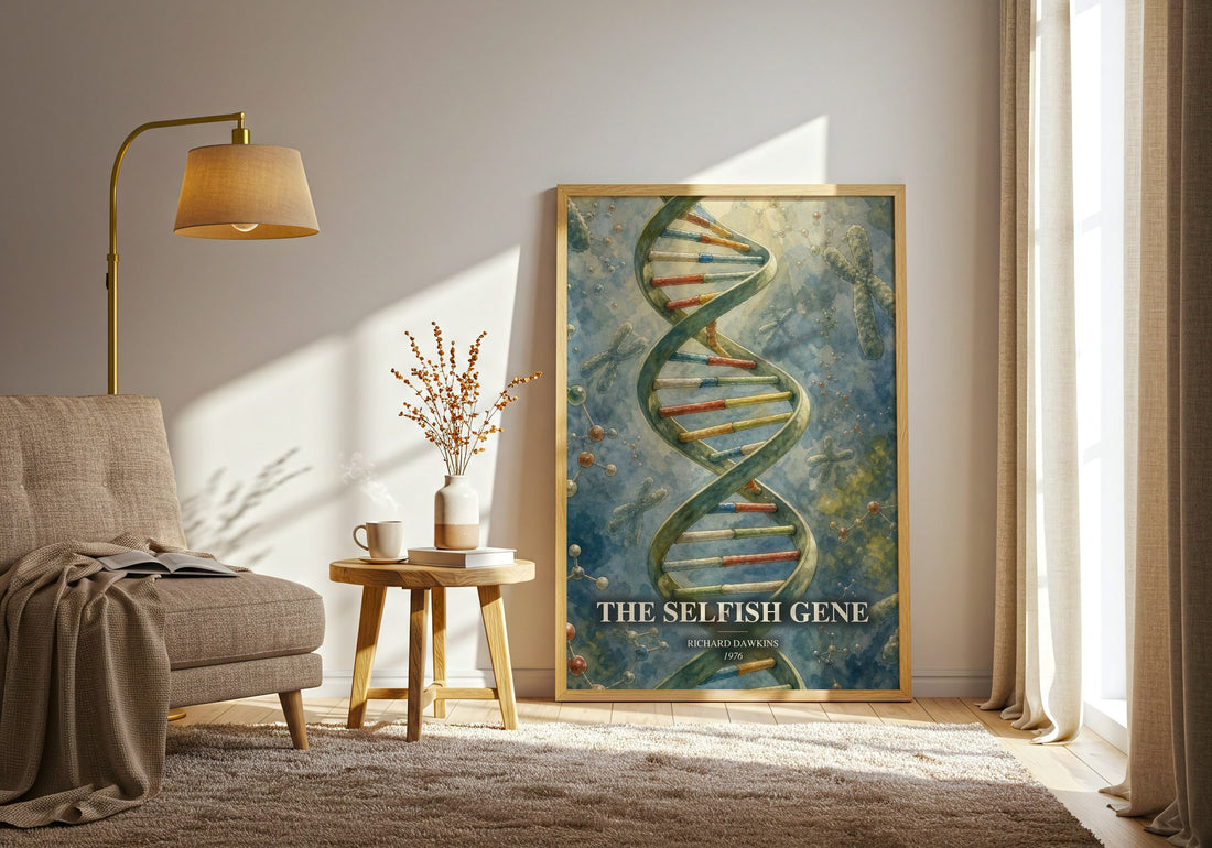 The Selfish Gene watercolour print in frame leaning in hallway – non fiction wall art