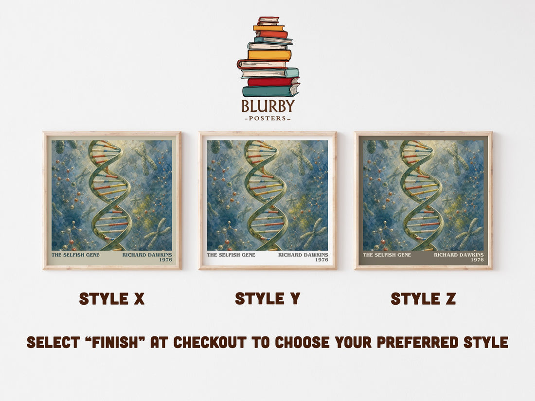 The Selfish Gene literary print in frame leaning in hallway – non fiction wall art (mockup)