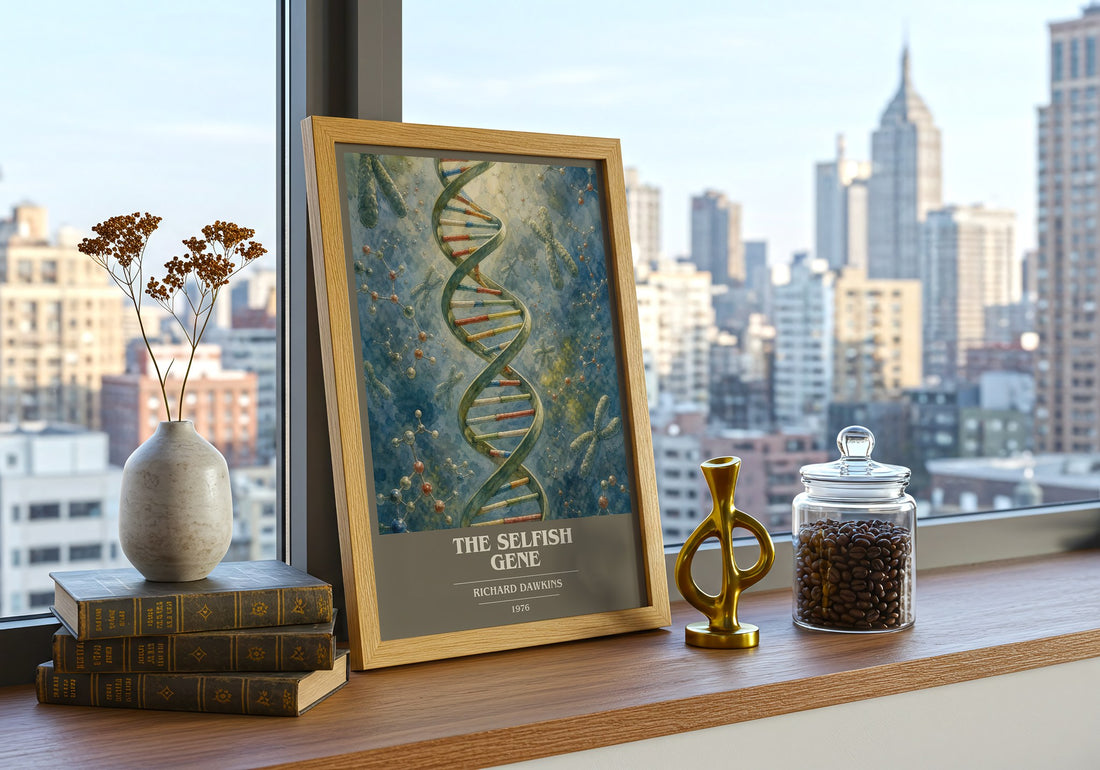 The Selfish Gene book cover print framed by window – literary home decor