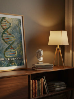 The Selfish Gene watercolour print on bookshelf – Richard Dawkins fan gift