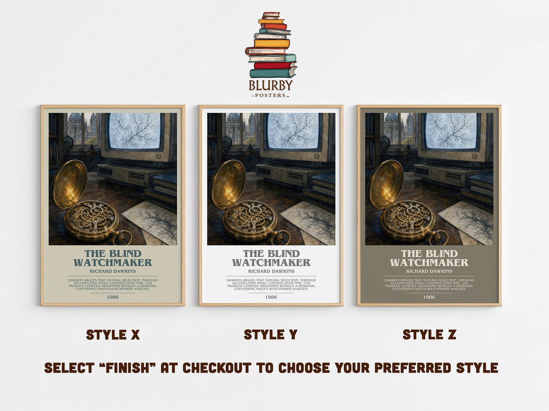 The Blind Watchmaker bookish print in frame leaning in hallway – non fiction wall art (mockup)