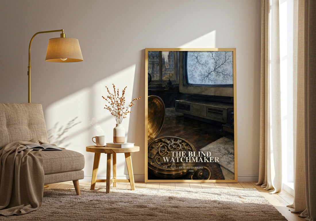 The Blind Watchmaker watercolour print in frame leaning in hallway – non fiction wall art
