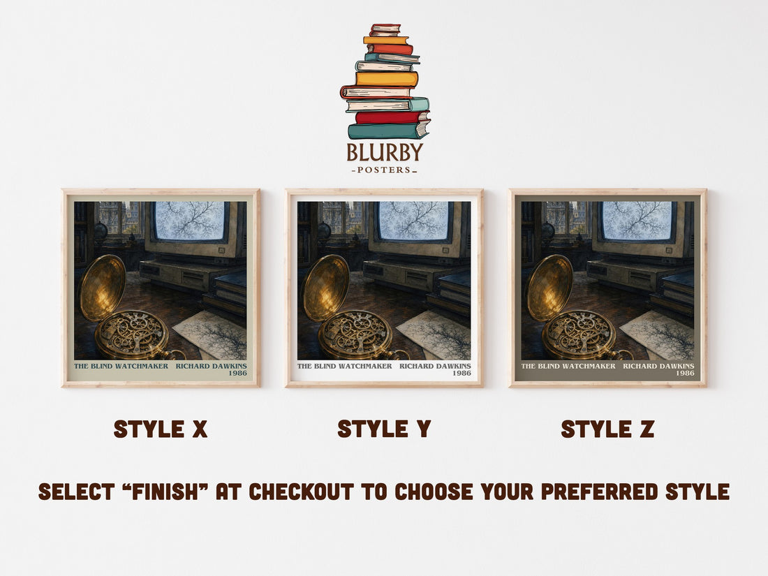 The Blind Watchmaker literary print in frame leaning in hallway – non fiction wall art (mockup)